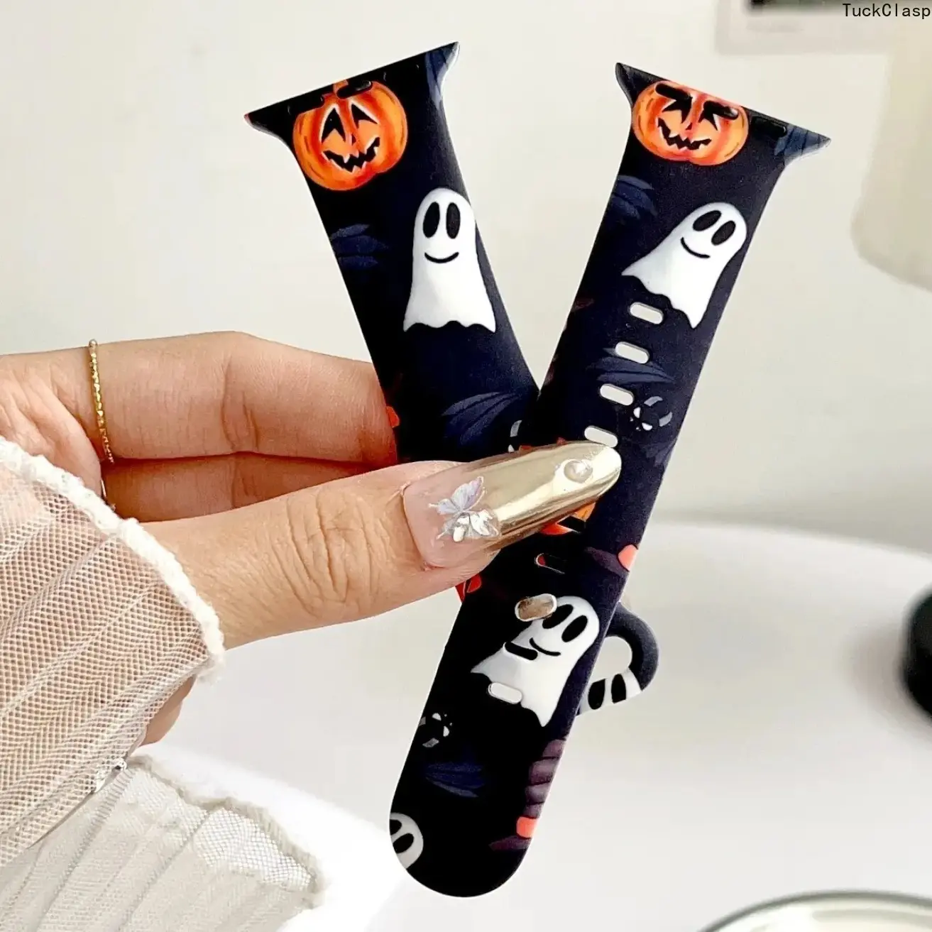Cute Smiling Ghost Jack-O-Lantern Silicone Watch Band Compatible with Smart Watches, Dark Halloween Leaf Print, Waterproof Soft Wristband with Ghost & Pumpkin Design, Fun Halloween Party Accessory for Teen Girls (Band Only)
