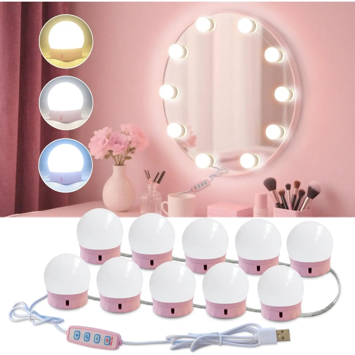 Led Vanity Mirror Lights, Vanity Lights for Makeup Dressing Mirror Lighting,10 Dimmable Bulbs,Adjustable Light Color & Brightness,USB Cable