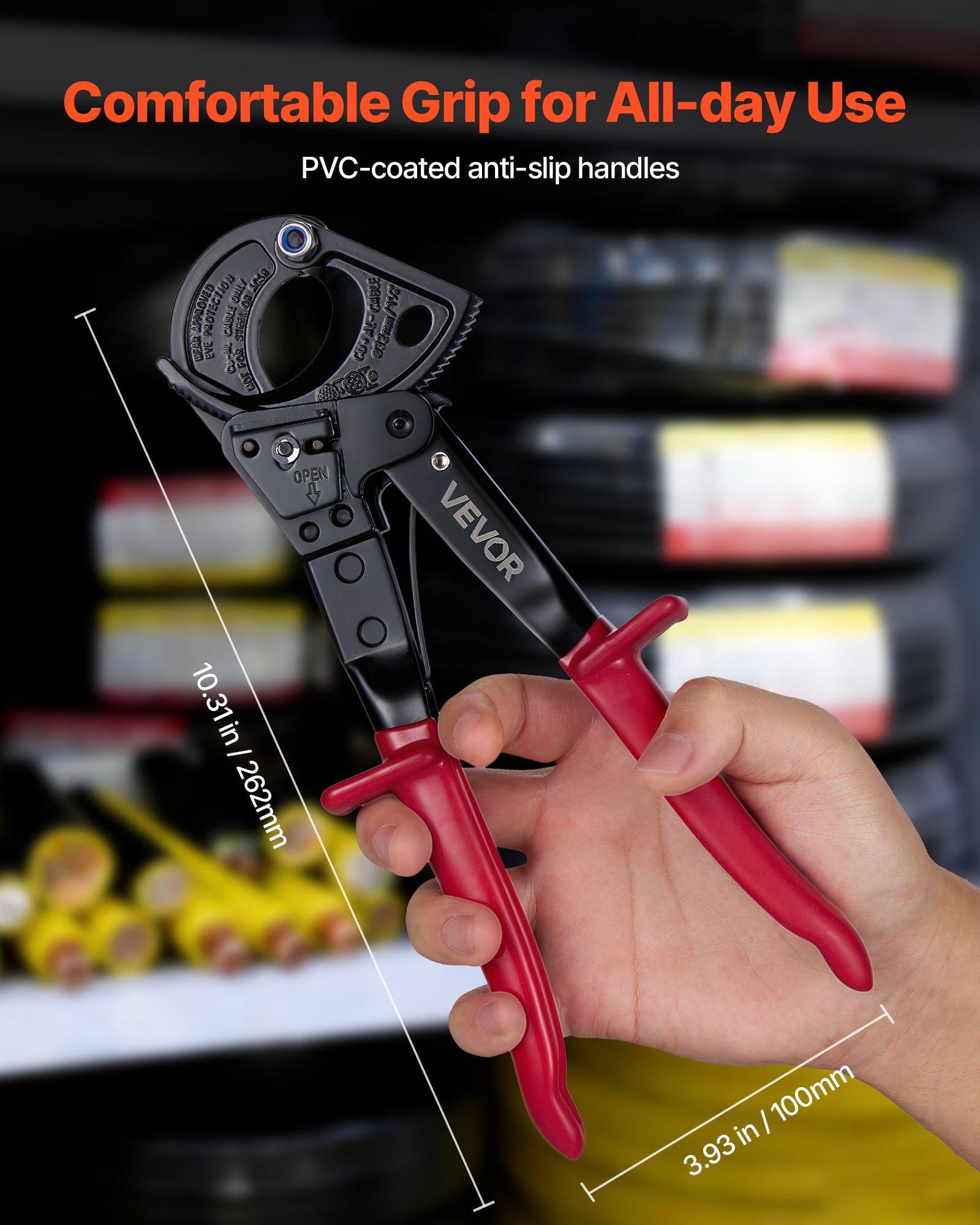 VEVOR Ratcheting Cable Cutter, Spring Steel Blades with PVC-Coated Handles, Quick-Release Button, Heavy Duty Ratchet Cable Wire Cutter for Cutting Copper & Aluminum Cables Up to 474 MCM / 240 mm²