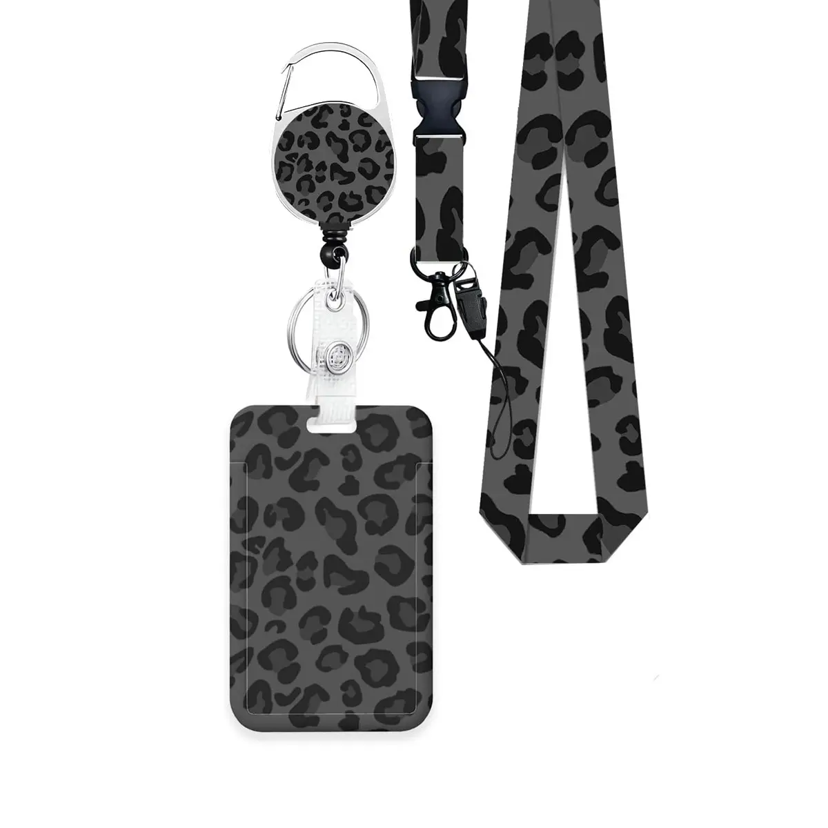 Teacher ID Badge Holder Set with Lanyard and Card Case, Rotatable Clip, Durable Keychain, Removable Vertical Name Tag, Badge Reels Retractable, Leopard Print, Lanyards with Id Holder, Retractable Badge Holders