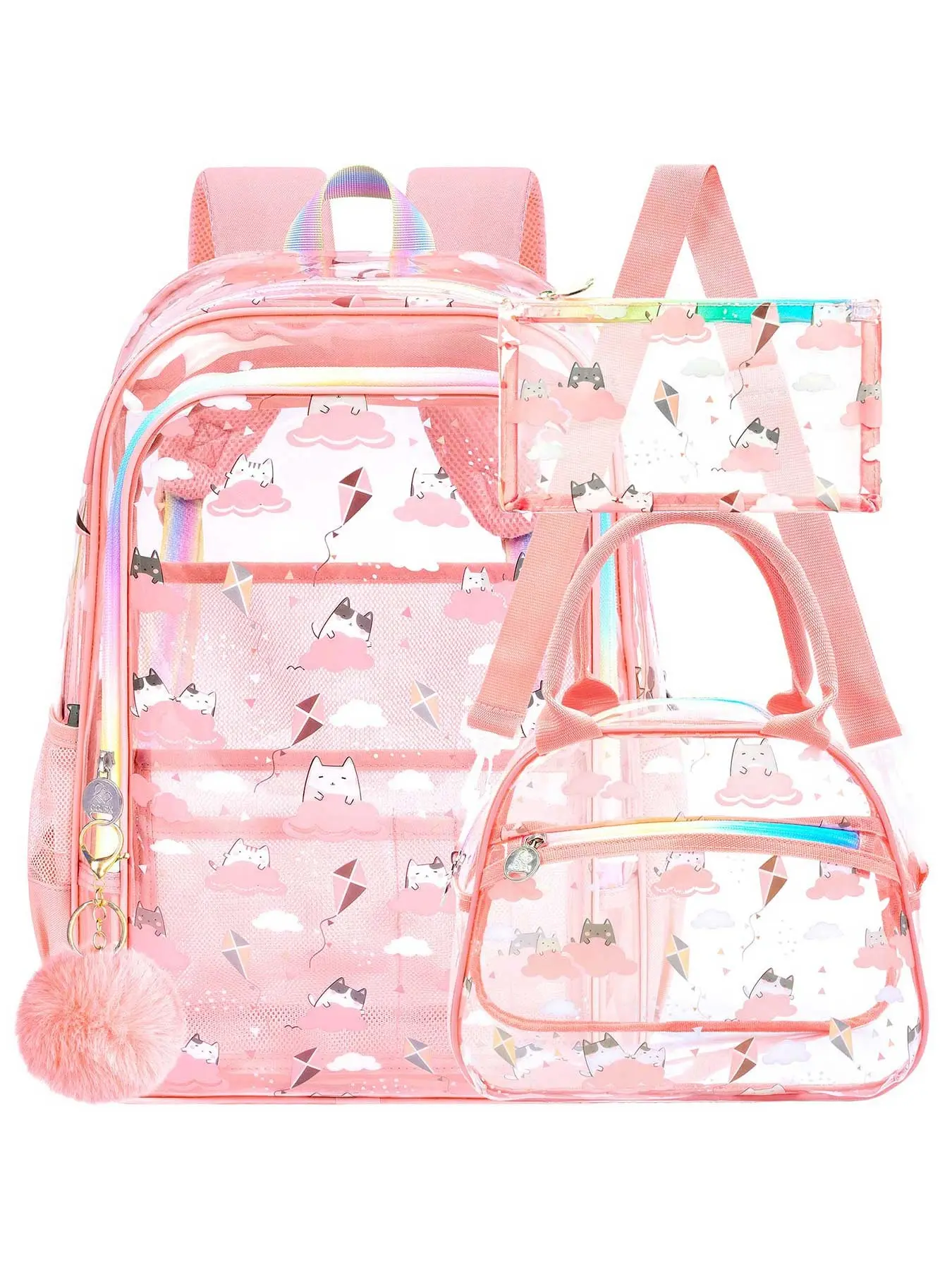 3PCS Girls Clear Backpack Heavy-Duty Set for Women & Teen, 17" Pink See Through Bookbag with Rainbow Strap, Cute Cloud Cat Transparent School Bag