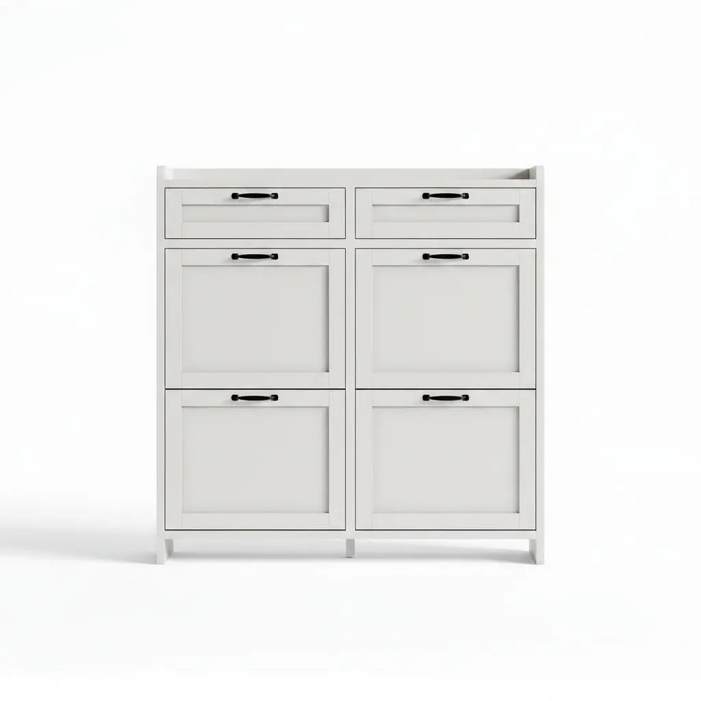 Modern High-Gloss Shoe Cabinet Organizer with 4 Fold Drawers & 2 Top Drawers – Adjustable Shelf – Freestanding Hidden Entryway, Hallway, Living Room Storage – Wooden Design