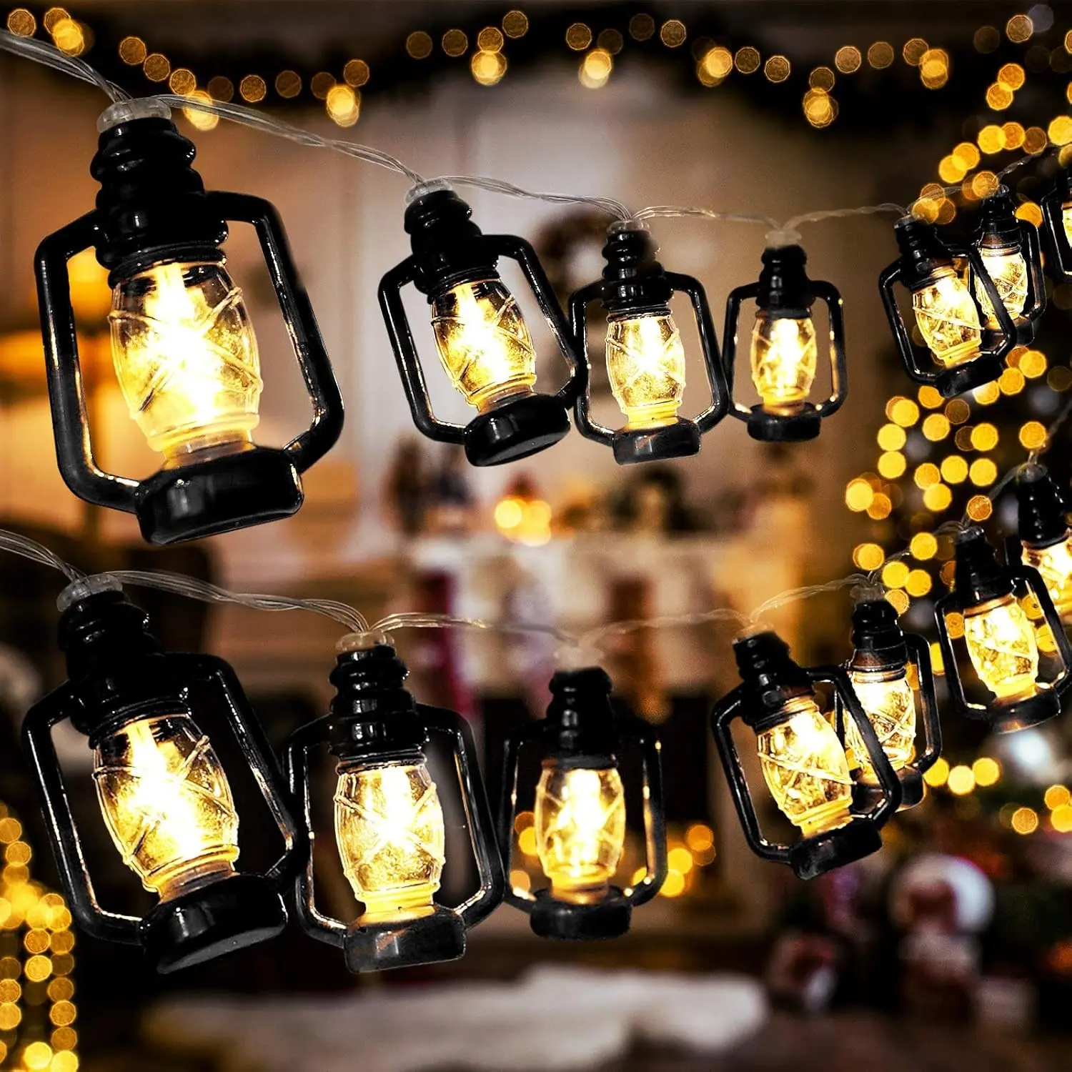 20 LED Black Lantern String Lights Mini Kerosene Lamp for Indoor Outdoor Patio Garden Holiday Home Ramadan Wedding Party Christmas Tree New Year Decorations Warm White Light