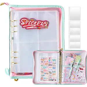 A5 Sticker Collection Organizer Binder kit large capacity (65 sheet), PU leather clear sticker storage book album with zipper closure,double-sided Collecting for journal scrapbook planner (Green)