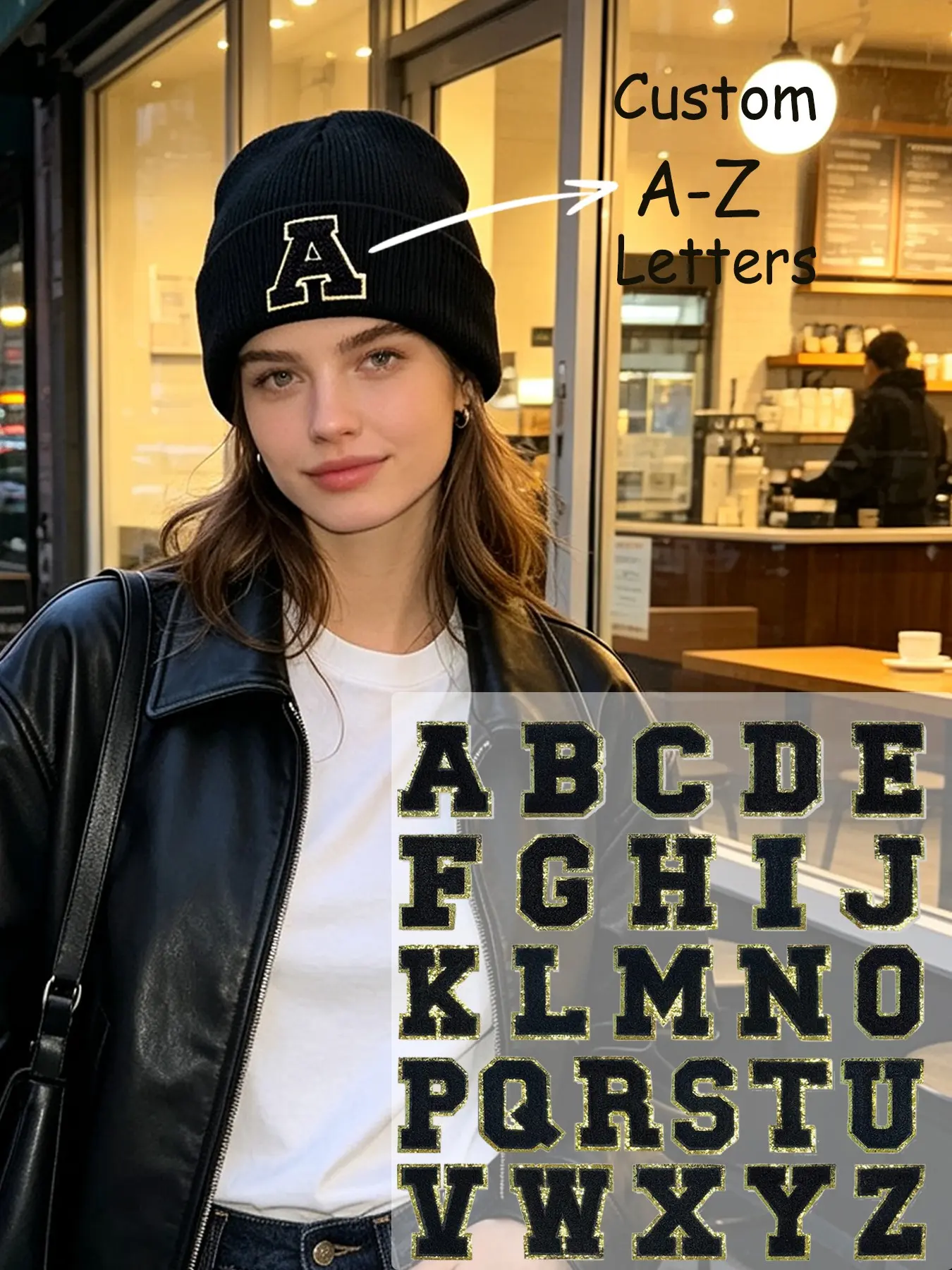 1PC Black Custom A-Z Letter Cuffed Knit Skull Cap, Windproof Adult Pull-On Hat, Soft Autumn Winter Beanie, Lightweight For Daily Outings & Trips, Unisex For Boys & Girls Aged 5-18, Nice Gift For Christmas And Christmas Eve