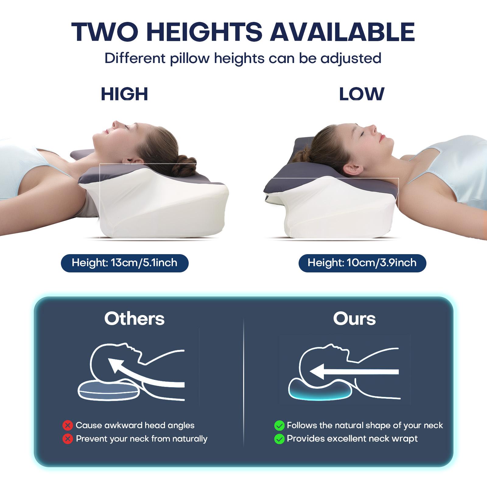 Extra-wide, oversized neck pillow High-quality supportive memory foam pillow Two heights available Washable, breathable pillowcase Enlarged armrest area for Side Sleep Stomach Sleeping and Back Sleepers