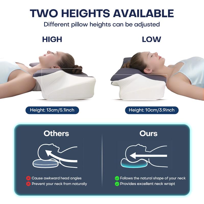 Extra-wide, oversized neck pillow High-quality supportive memory foam pillow Two heights available Washable, breathable pillowcase Enlarged armrest area for Side Sleep Stomach Sleeping and Back Sleepers