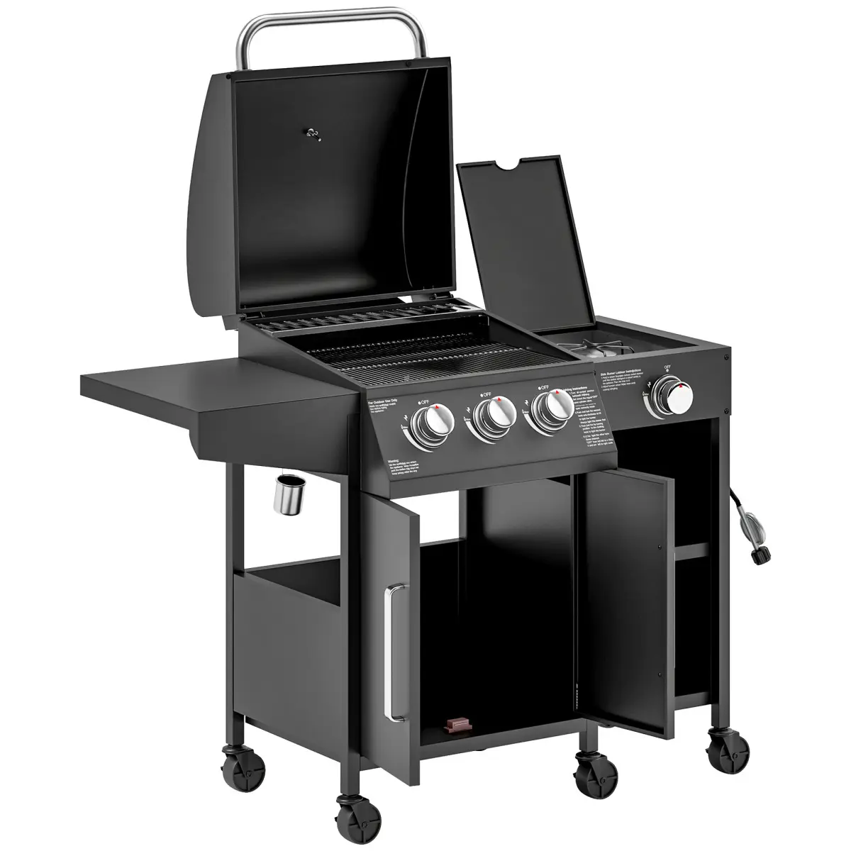 Aobtkel Steel Barbecue Grill with Side Burner, 310 sq in Propane BBQ, Storage Cabinet, Foldable Side Table, Lid Thermometer, 6 Casters (4 Brakes), Warming Rack, Removable Grease Tray for Backyard, Patio Outdoor Cooking
