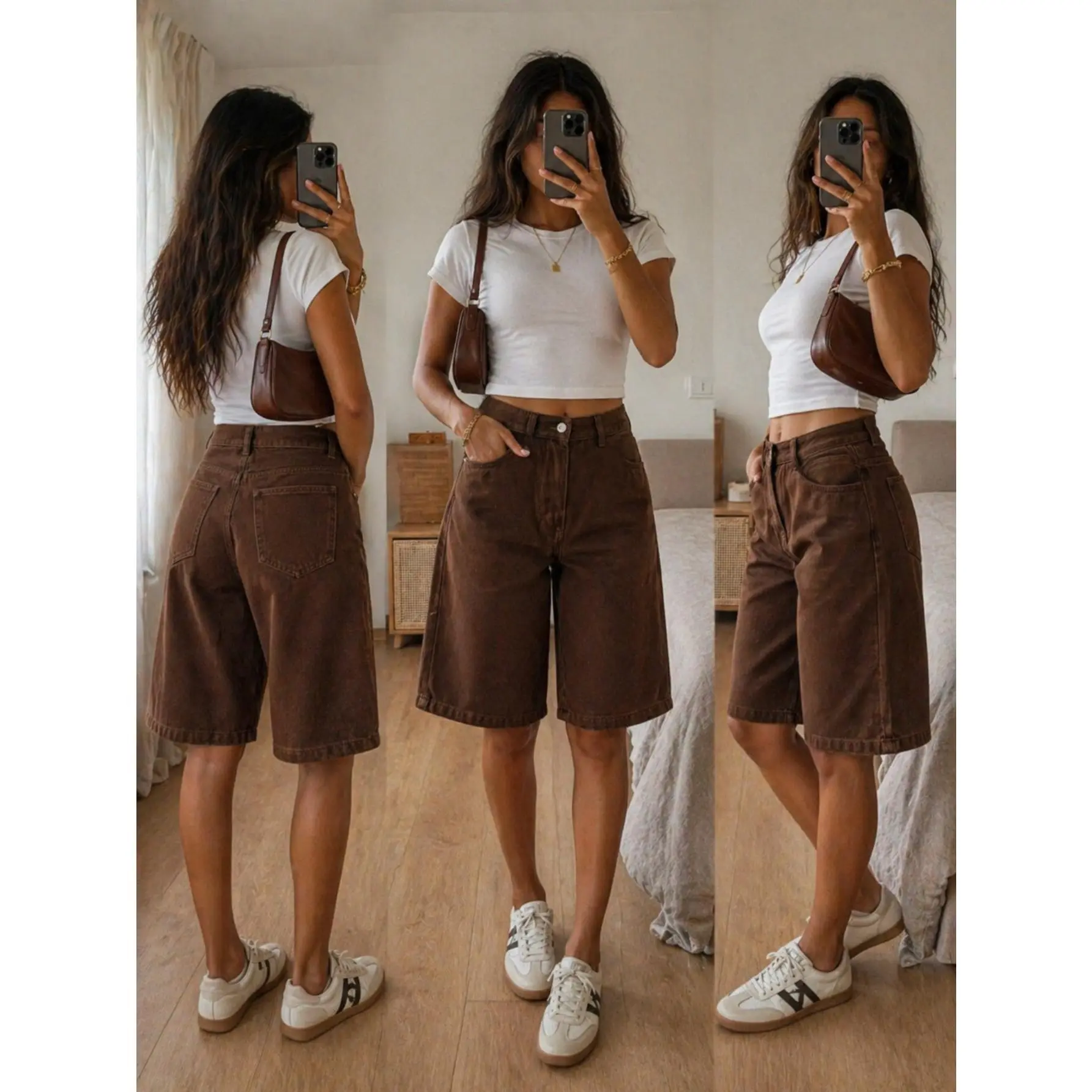 Women's Brown Denim Bermuda Shorts, High-Waisted Loose Knee-Length Denim Shorts, Vintage Washed Casual Wide-Leg Denim Shorts, Loose-Fit Street Style Summer Denim Shorts, Everyday Loose Denim Shorts, Fashionable Coffee Brown Bermuda Shorts, Casual Vacation