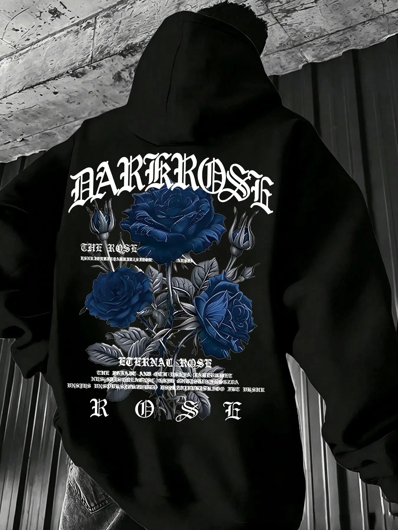 Eternal Deep Blue Rose Gothic Back Print Hoodie, Casual, Wrinkle-Resistant Durable Fabric, Loose Fit, Perfect for Couples, Urban Night Out, Daily Commute, Short Trip
