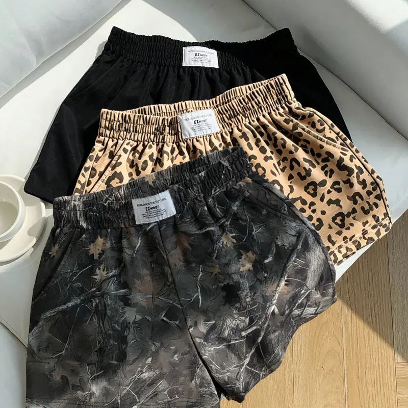 3-Pack Vintage Millennial Camo Leopard Solid Casual Loose-Fit Gym Workout Active Wear Shorts for Women, Elastic Waist, Ideal for Fitness, Sports, Yoga