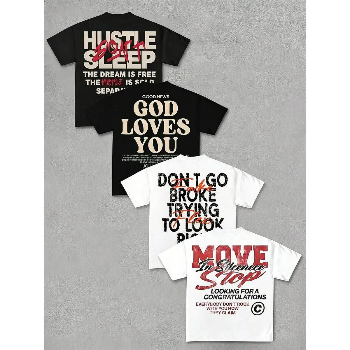 4 Pcs Oversized Motivational Grind Graphic Tee, Full Back Don't Sleep Hustle Two Tone Bold Text Print Crew Neck Short Sleeve Top, Entrepreneur Casual Outdoor Daily Unisex T-Shirt For Men Women