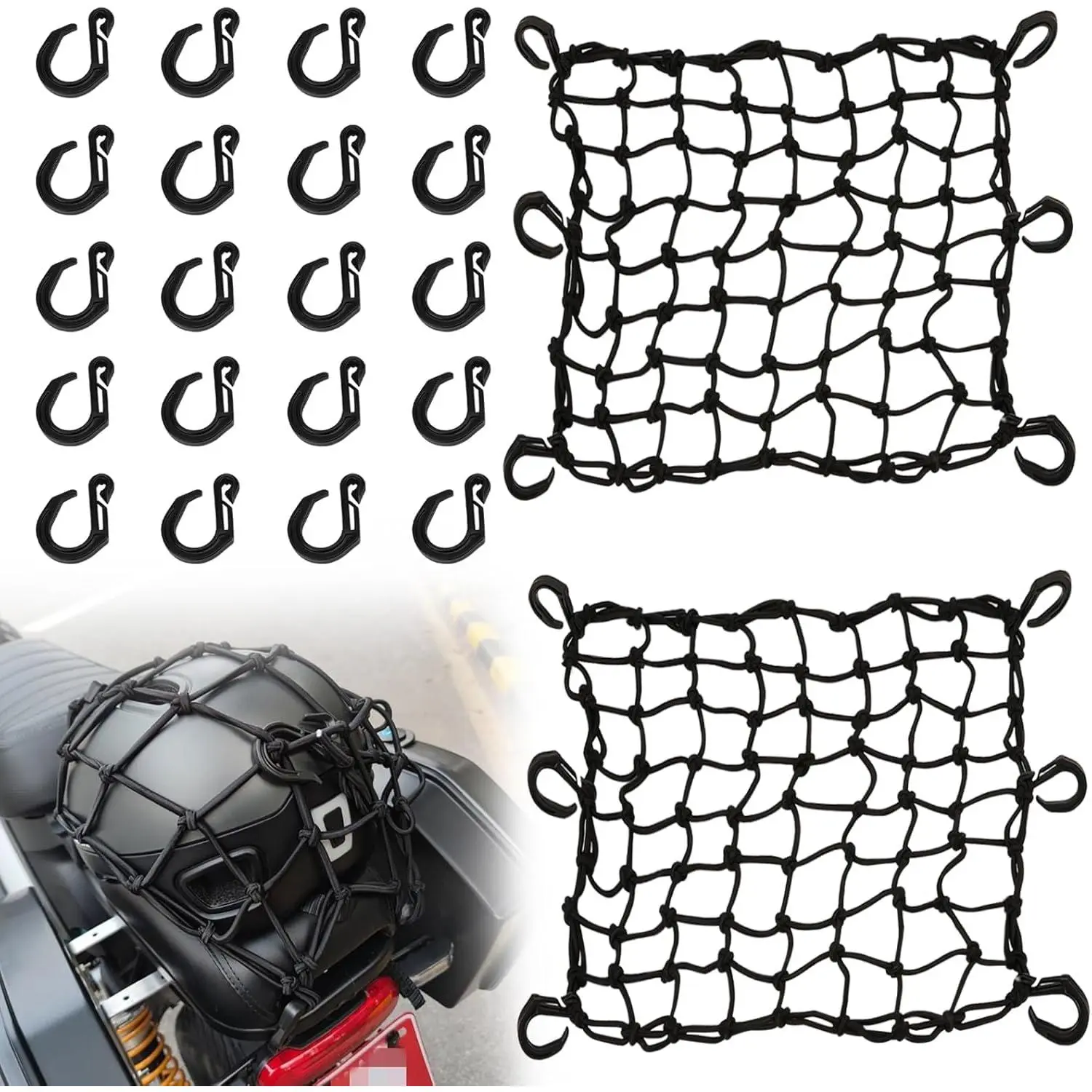 2 Pack Motorcycle Cargo Net, Heavy Duty Bungee Net for Helmet, Small Elastic Mesh, Luggage Cargo Nets with Adjustable Hooks, Elastic Cargo Mesh for Motorbike, ATV