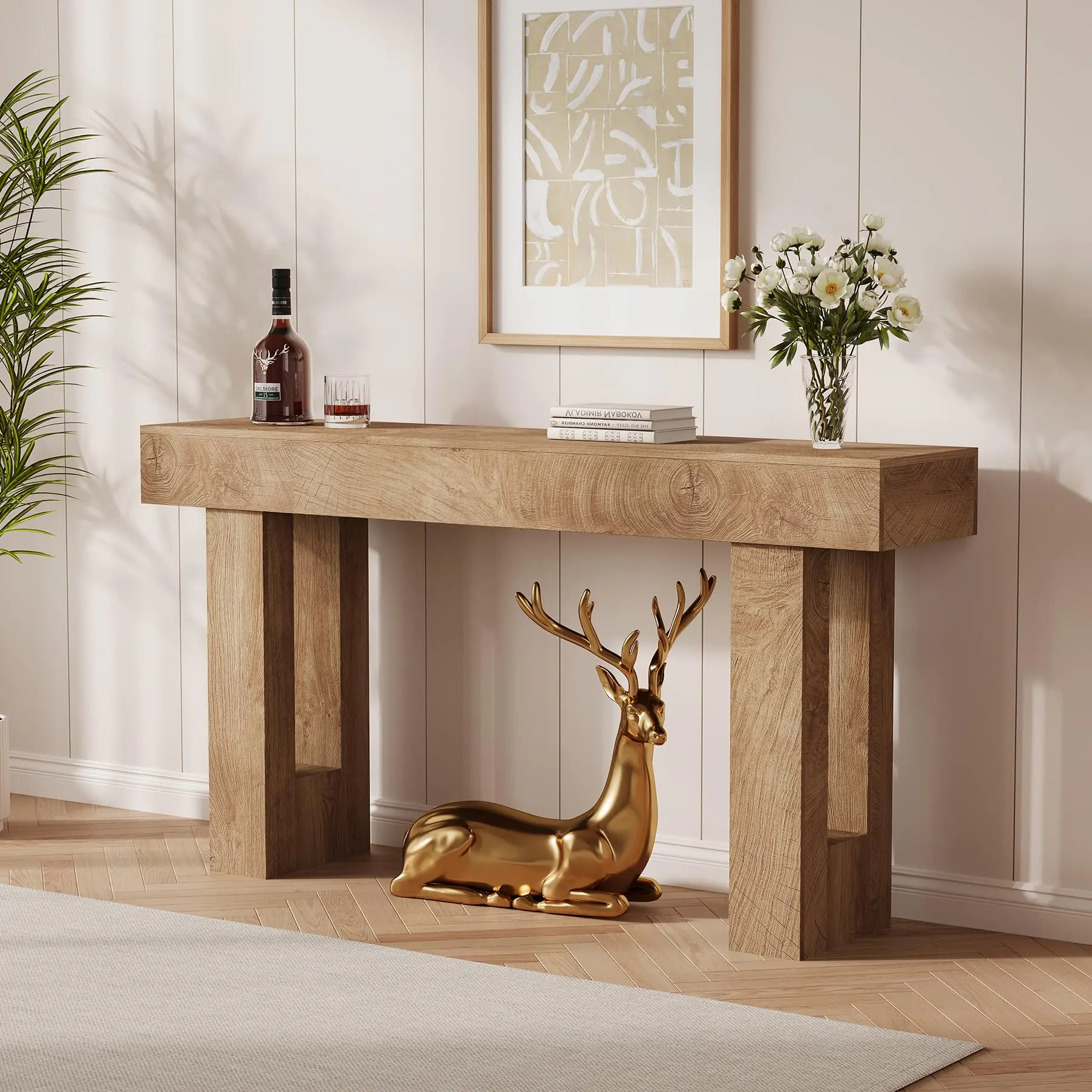 63-in Rustic Engineered Wood Farmhouse Console Table - Farmhouse Wooden Rectangular Entrance Foyer Table with Open Shelf, Reinforced Legs, Assembly Required, Super Sturdy, Entrance Table, Farmhouse Wooden Table