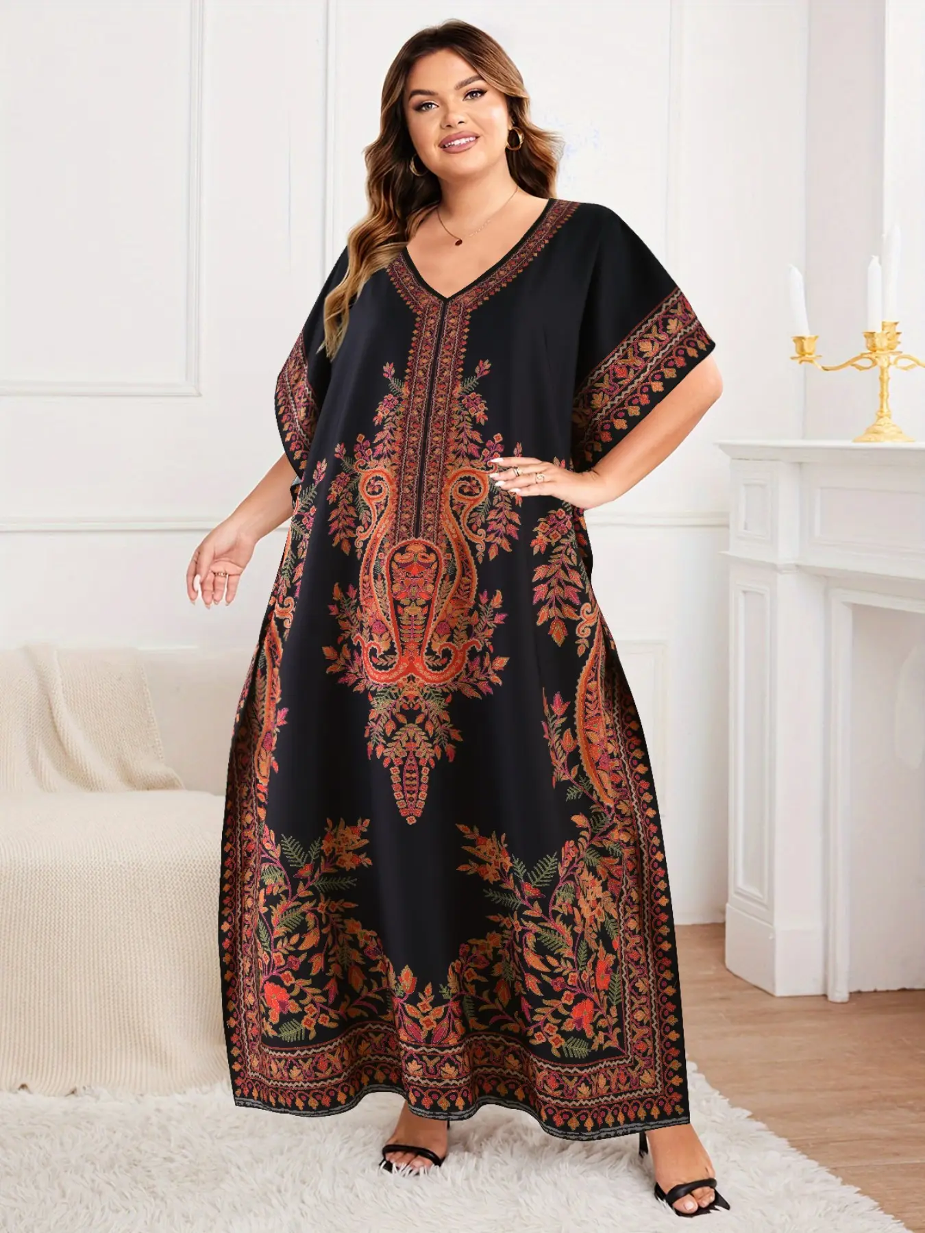 Boho Vintage Long Kaftan Dress for Plus Size Women, Muslim Loose Batwing Sleeve Paisley Floral Print V Neck Side Split Beach Cover-Up