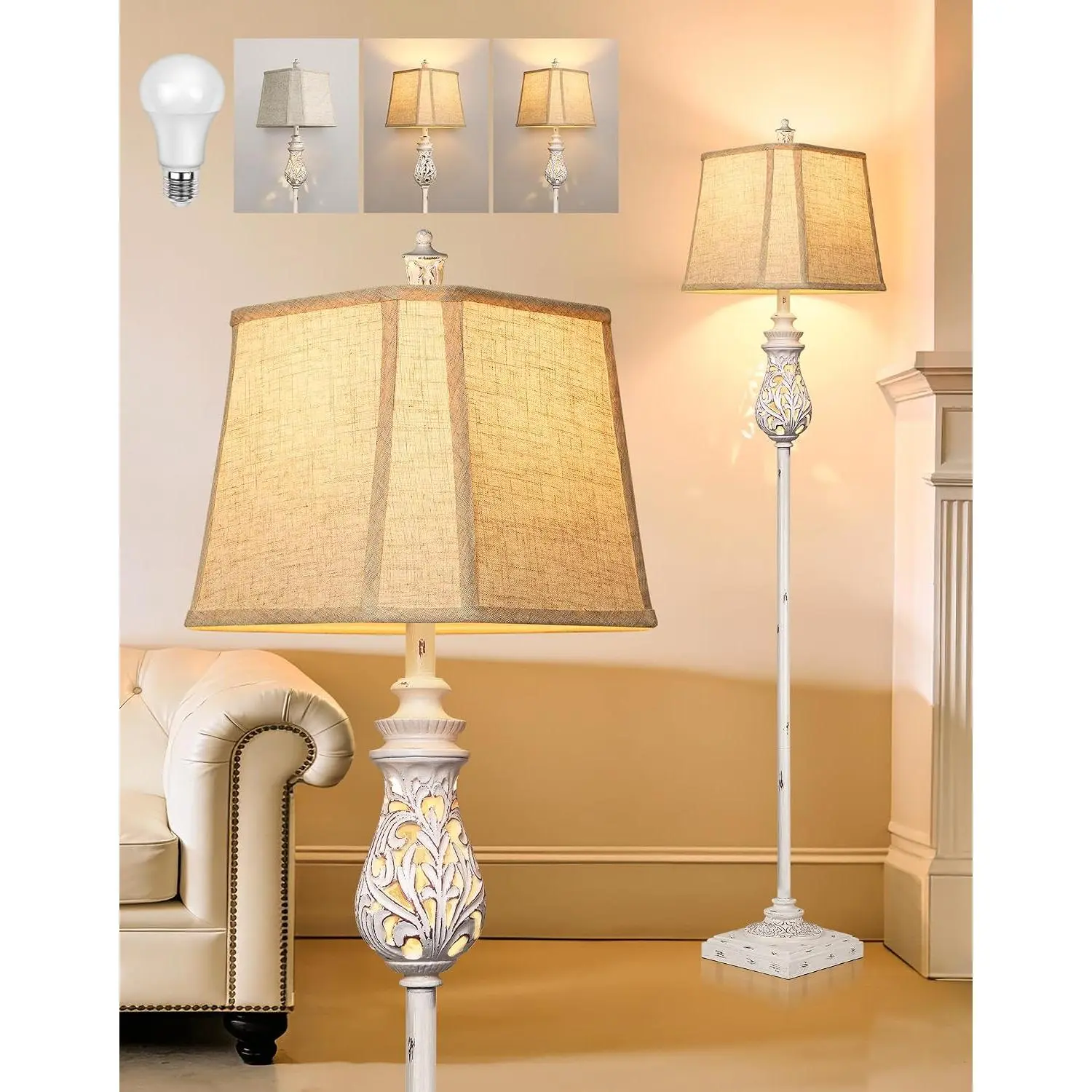 64-in Tall Vintage Floor Lamp with Night Light, Rustic Farmhouse Standing Lamp with 3W Warm White Bulb, Rotary Switch, Beige Linen Shade, Resin Base for Living Room, Bedroom House Decor (Bulb Included)