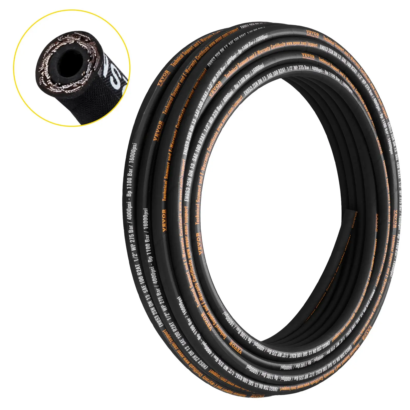 VEVOR Hydraulic Hose 1/2 inch x 100 ft, Coiled Hydraulic Hose 4000 PSI, Rubber Hydraulic Hose with 2 High-Tensile Steel Wire Braid, Bulk Hydraulic Hose -20℃ to 140℃, Hydraulic Oil Flexible Hose