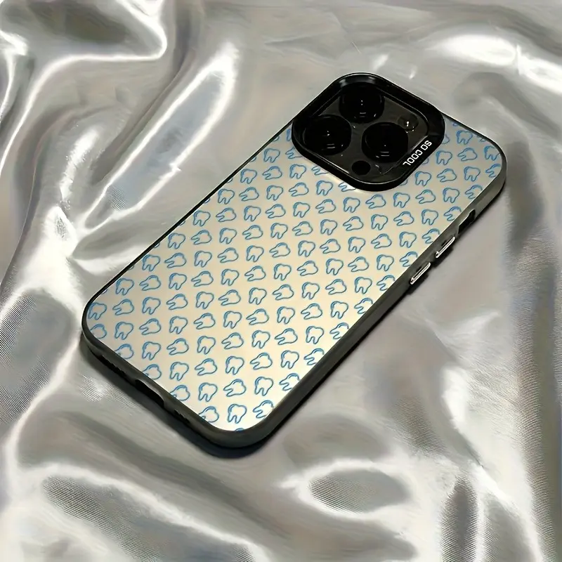 Cute Light Blue Tooth Ditsy Print Silver Mirror Phone Case Compatible with iPhone X XS XS Max 11 12 13 14 15 16 17 Pro Max Plus SE4, Metallic Reflective Back Shockproof Soft TPU Cover Minimal Dental Dentist Pattern Anti Fingerprint Drop Resistant Cell She