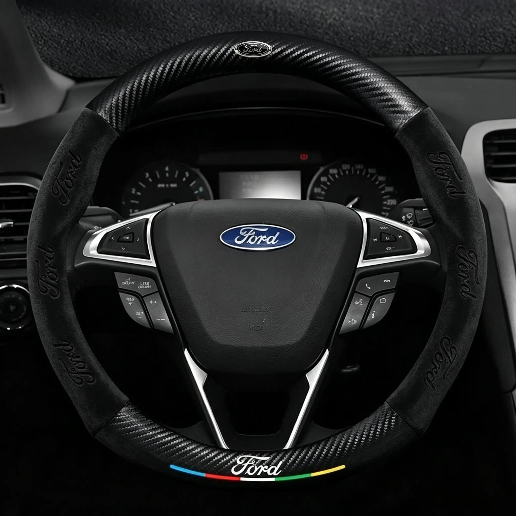 Steering Wheel Cover for Ford, Anti-Slip Carbon Fiber PU Leather, Car Interior Accessory, Compatible with Ford Models, Car Accessories