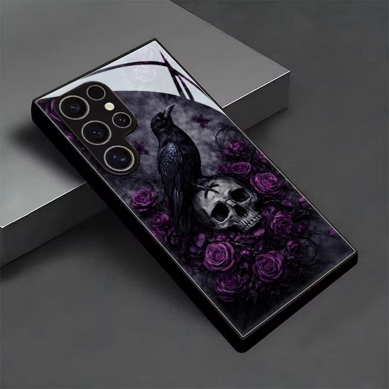 A Phone Case Made of Black Tempered Glass Featuring a Raven Skull And Purple Roses, Embodying a Gothic And Mysterious Dark Fantasy Style for Samsung Galaxy S26 S25 S24 S23 S22Pro S21 S20 Fe Plus Ultra Pro A56 A55 A54 A53 A52 A51 A36 A35 A34 A32 A26 A25