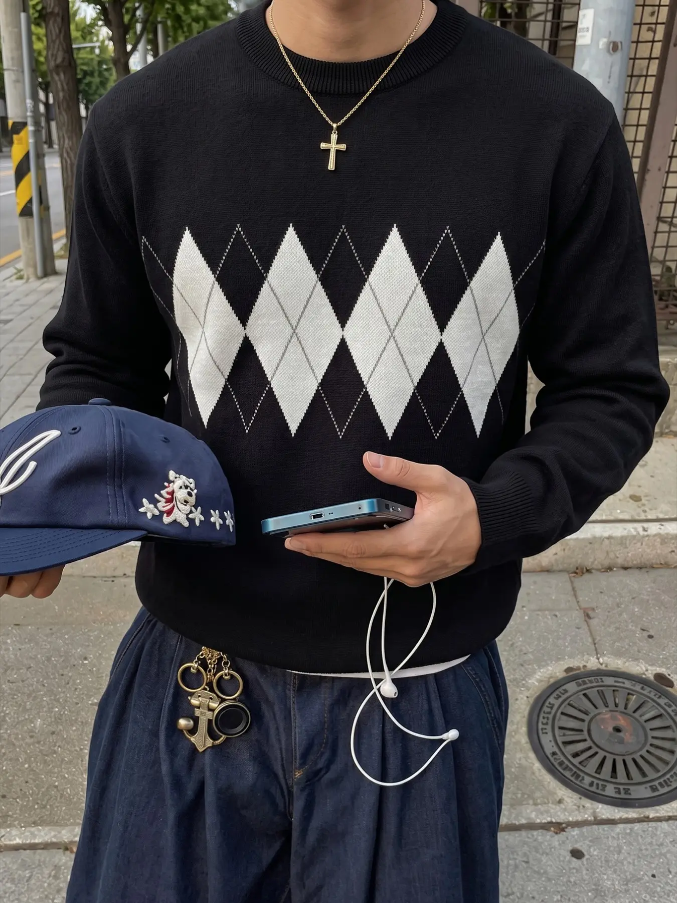 Men's Knit Sweater Argyle Diamond Pattern Crew Neck Pullover Knitwear Long Sleeve Casual Regular Fit Preppy College Vintage Y2K Old Money Streetwear Fall Winter Autumn Spring Cozy Warm Layering Top Office Campus Date Commute Teen Boys Men Black