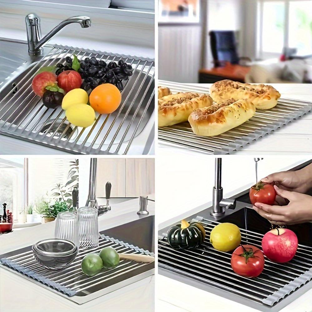 Stainless Steel Silicone Roll Up Over The Sink Dish Drying Rack, 1 Count Multifunctional & Portable Kitchen Drainer Rack, Dish Drying Organiser, Kitchen Accessories