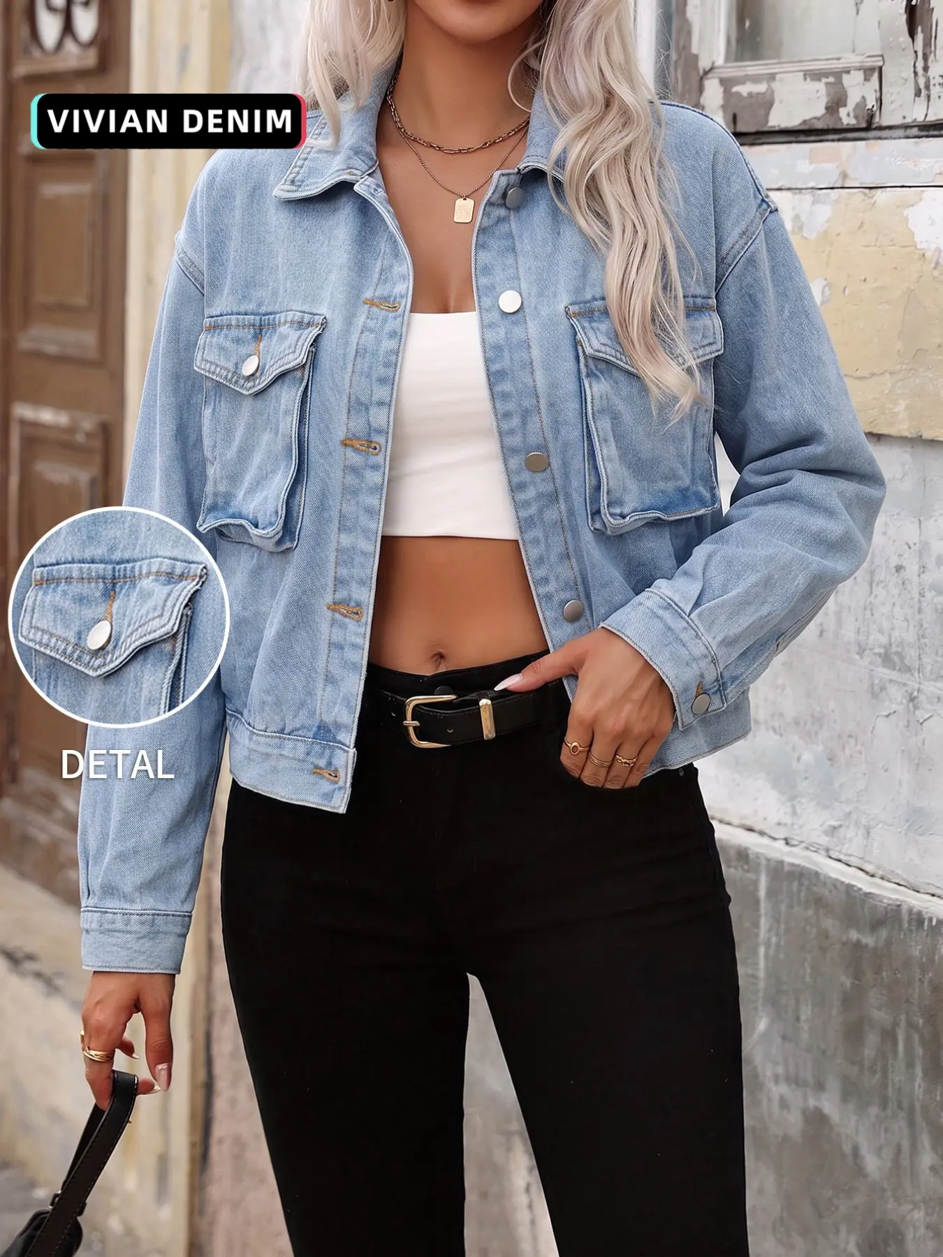 Vintage Pale Blue Boxy Crop Jean Jacket for Ladies, Oversized Drop Shoulder, Loose Fit, Lapel, Metal Button, Casual Daily