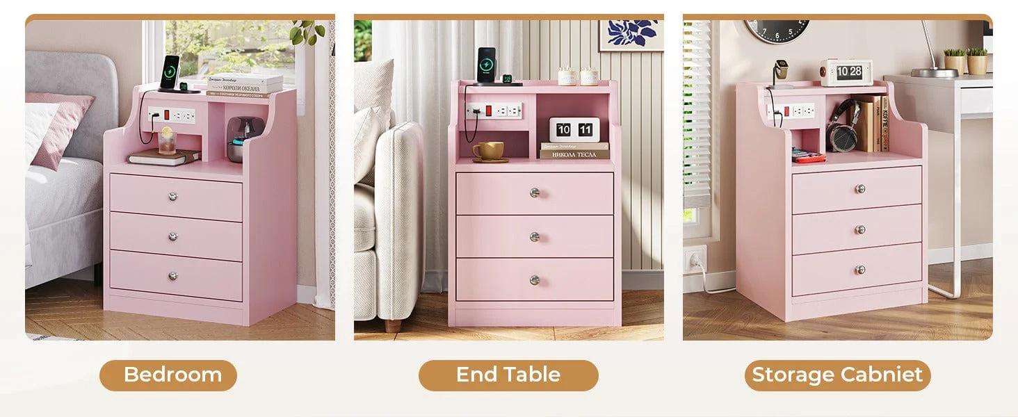 Sikaic Nightstand with 3 Drawers Charging Station Pink Bedside Cabinet Makeup Dressing Desk Bedroom Table Modern Accent Tables