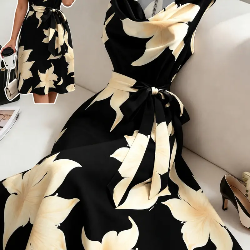Women's Plus Size Floral Print Midi Dress, Cowl Neck Sleeveless Tie Waist A-Line, Flattering Curvy Fit, Vintage Old Money Style for Wedding Guest, Party & Formal Occasions, Calla Lily Flower Dress