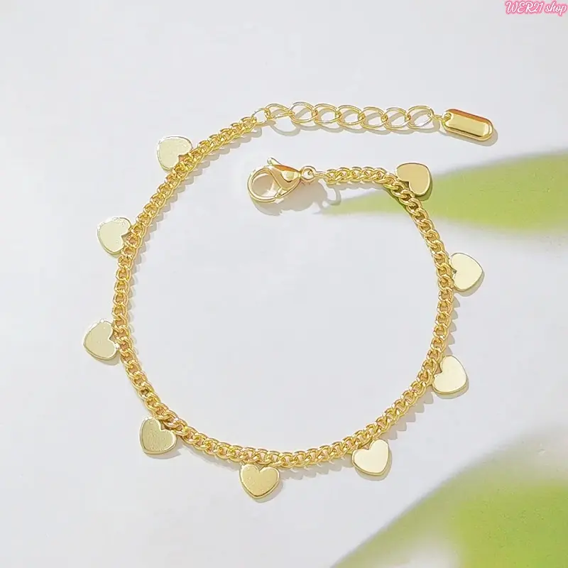 [WER21]18K Gold Plated Heart Charm Bracelet for Women, Dainty Curb Chain with Dangling Heart Charms, Adjustable 6.5-7.5 Inch, Everyday Love Jewelry Gift