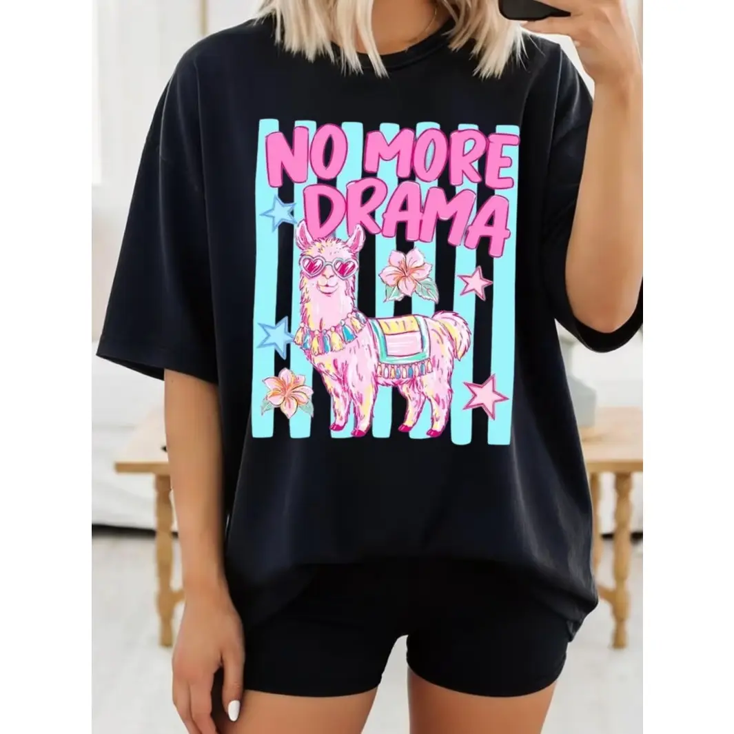 Cotton Short Sleeve T Shirt For Women No More Drama Cute Pink Llama Graphic Tee Soft Comfortable Casual Summer Daily Wear Vacation School Lounge Funny Aesthetic Top