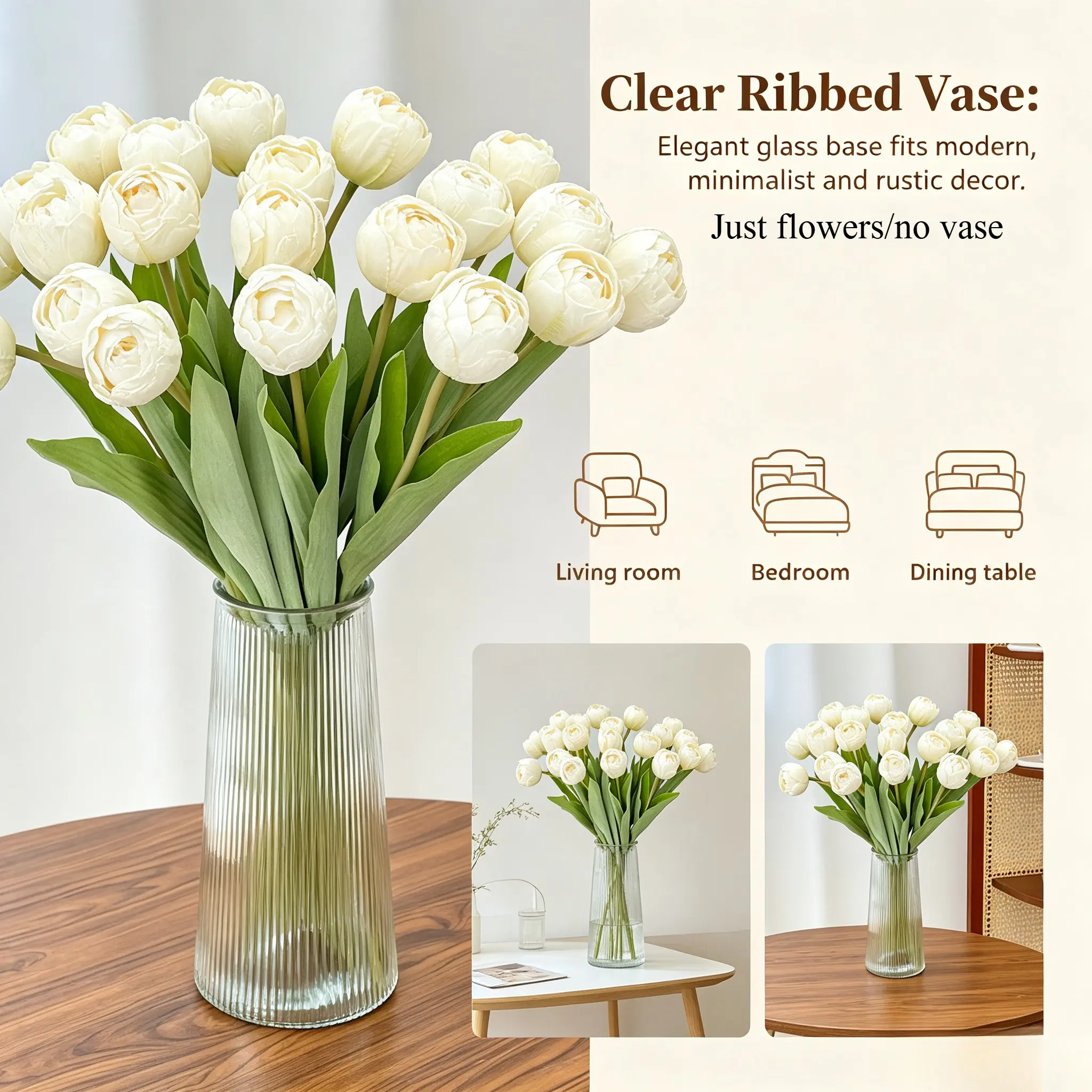 7 Pieces Cream Silk Artificial Tulips Bouquet, Realistic Fake Tulips, Long Lasting, No Maintenance, Home Decor, Wedding, Bridal Shower