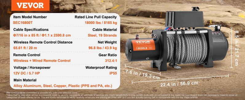 VEVOR Electric Winch, 18,000 lb Truck Trailer Jeep Winch, 12V DC 7/16 in x 85 ft Steel Cable Roller Fairlead Wireless & Wired Remote Control, IP55 Waterproof Towing for Off Road SUV Jeep Truck TrailerHoliday gifts