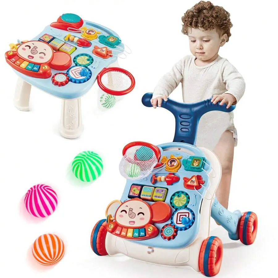5-In-1 Baby Walker Sit-To-Stand Early Learning Walker For Toddlers Age 0/1/2/3 Years, Baby Balance Bike/Push Walker/Activity Table/Detachable Panel With Music, For 12-18 Months Kids, Infant Boys&Girls