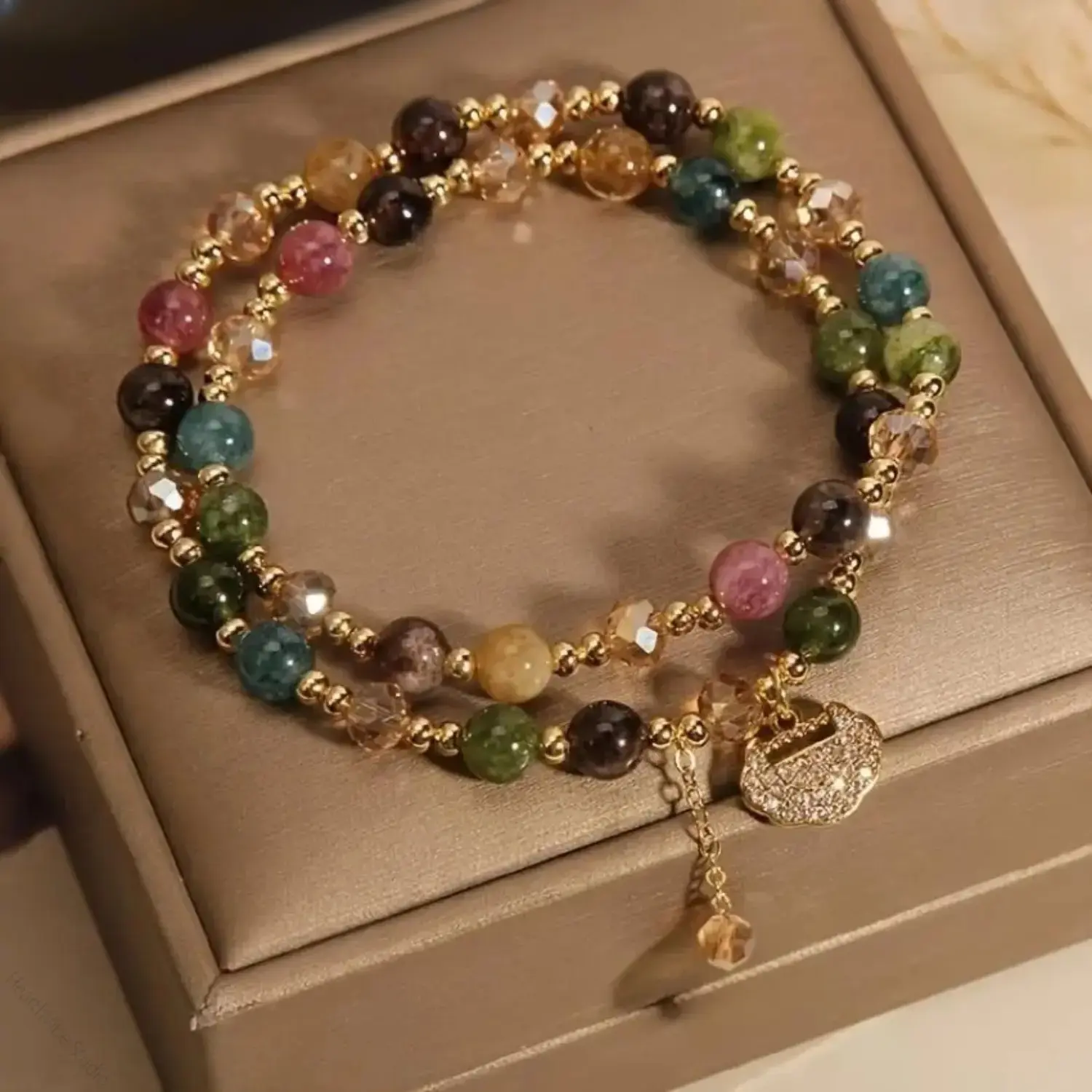 Double Layer Seven Colored Natural Rainbow Tourmaline Round Bead Bracelet With Longevity Lock Charm Bohemian Stone Jewelry For Daily Yoga Outfit Matching & Festival Gift