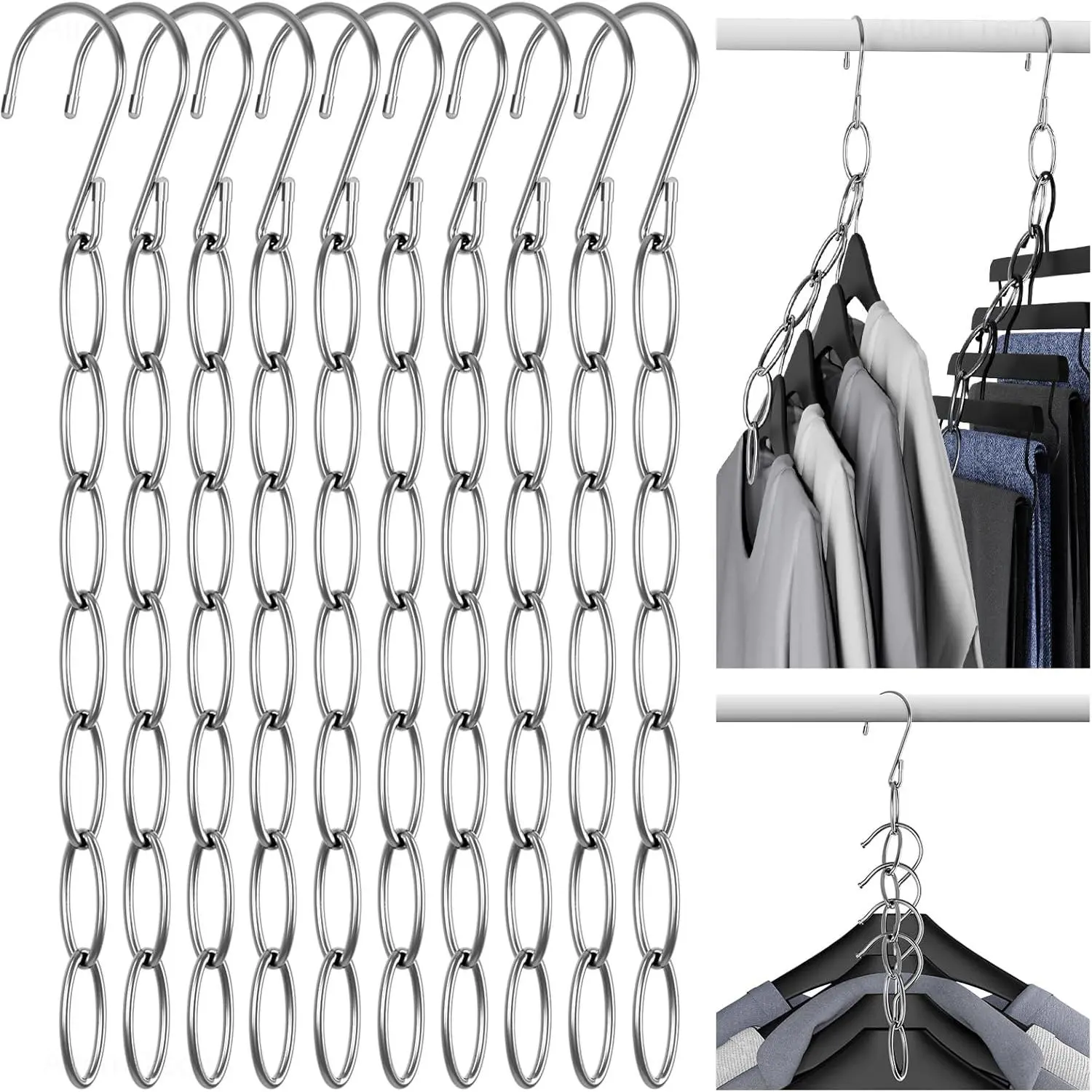 Clothing Chain Hanger 10-Pack, Metal Closet Organizer Space Saving Hangers with 7 Holes, College Dorm Room Essentials, Closet Organizers & Storage for Home, Office, Cruise & Travel