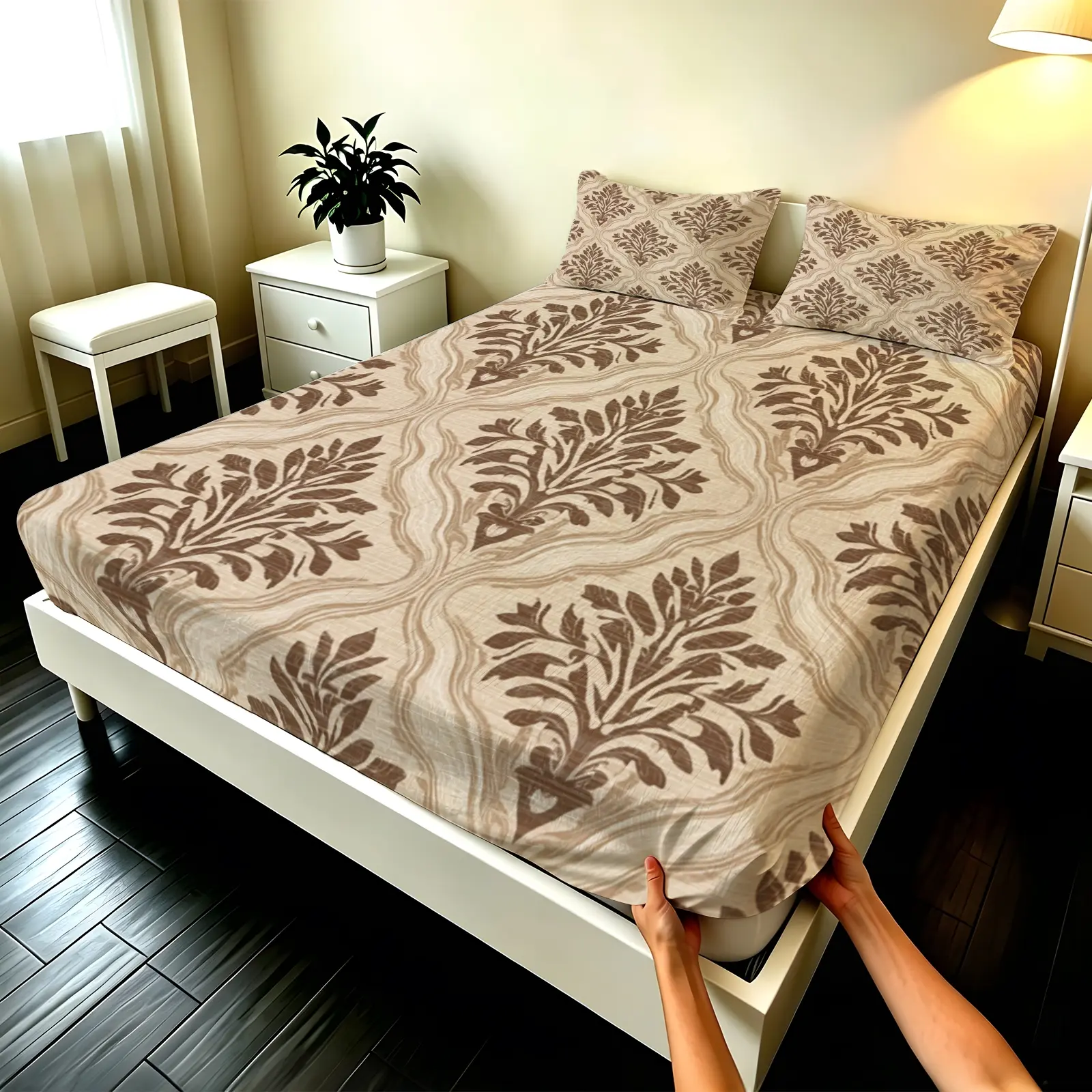 3pcs Fitted sheet Vintage Brown Leaf Damask Pattern Ultra Soft Microfiber Bedding Set Wrinkle Resistant Fade Proof Breathable Cozy Comfy Bedding Bed Sheet Set for Bedroom Home Hotel Fit Twin Full Queen King Size