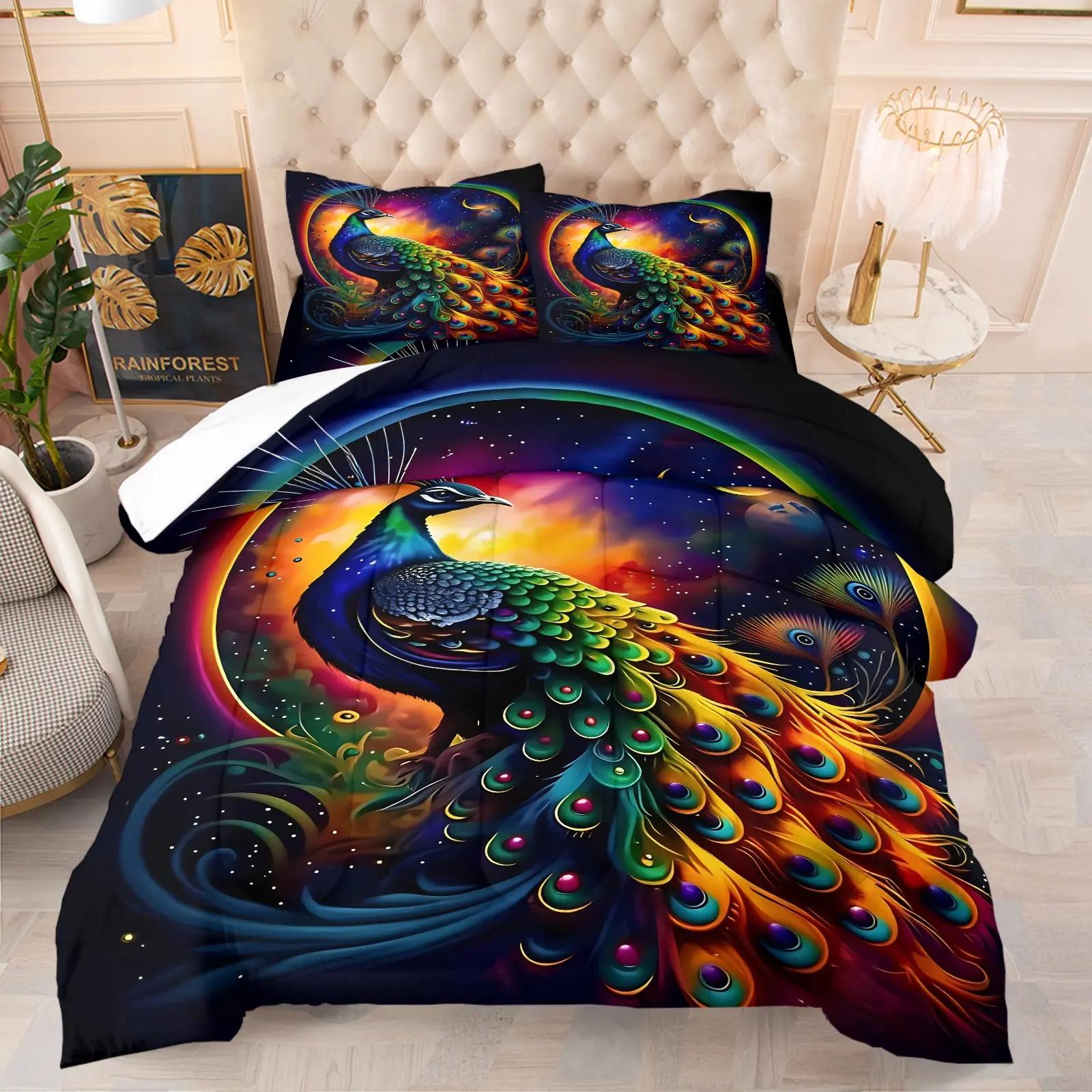 Neon Peacock Theme Comforter Set-1 Quilt + 1-2 Coreless Pillowcases-Black Starry with Rainbow Halo & Peacock with Open Tail-Soft Warm Comfy Bedding Sets Gorgeous Dreamy Bedroom Decor