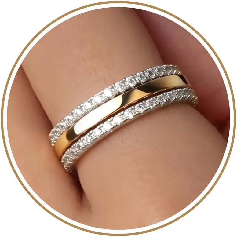 Stackable Rings Non Tarnish, Two Tone CZ Eternity Band Set | 14K  & 925 Sterling  Plated, , Wedding/Engagement/Promise Rings,  Ring Stackable Bands, Size 4-11