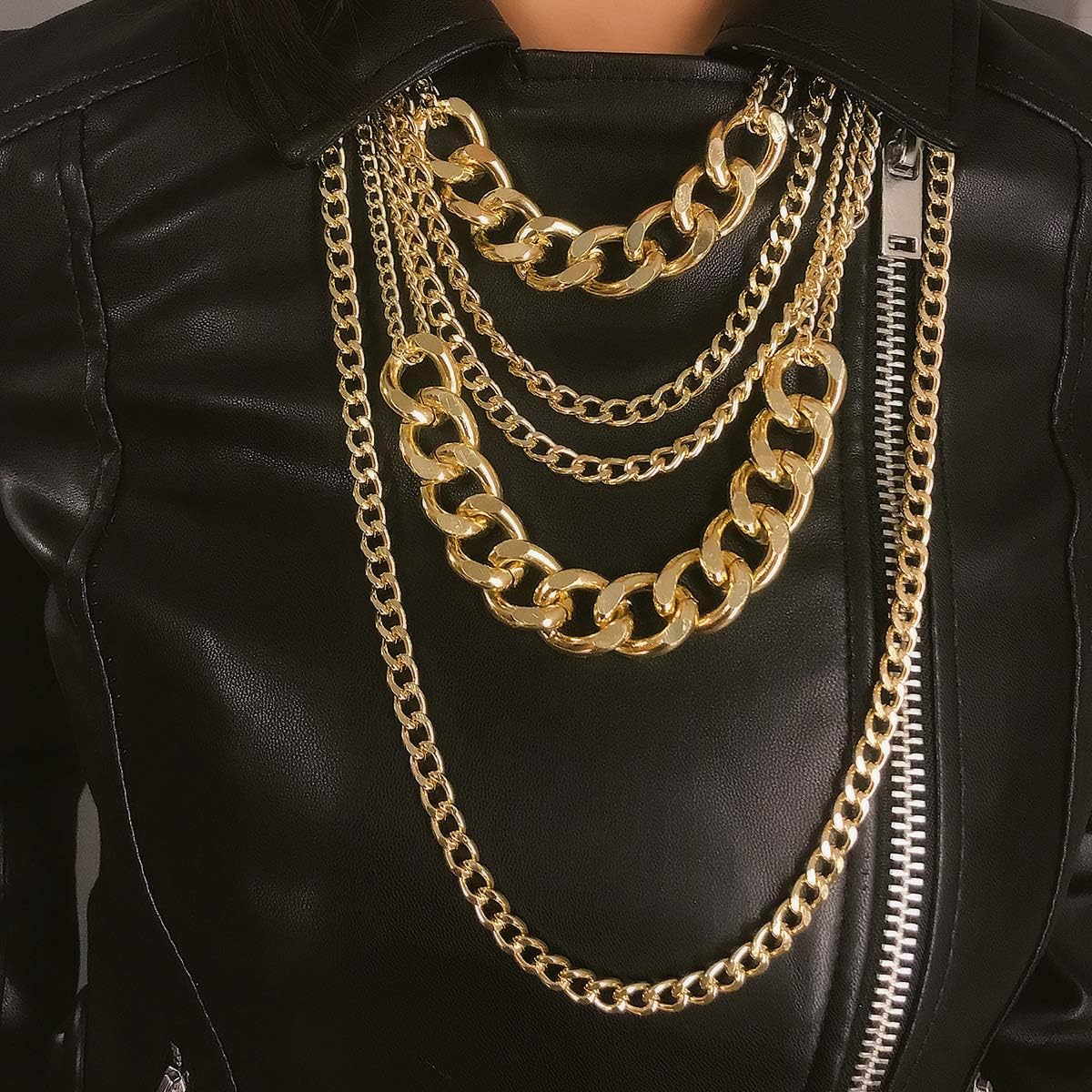 Chunky Gold Necklaces for Women,Multilayer Punk 80s Hip Hop Necklace,Layered Cuban Link Chain Statement Necklace 90s Freaknik Outfit Accessories for Women