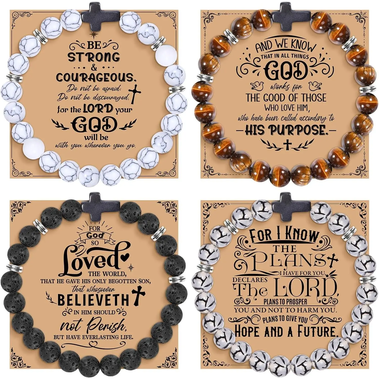 4 count Christian  Beads Bracelet Religious Bead Bracelet Thanksgiving Day Christmas Christian Gifts for Woman Men  Ribbon Charm  with Card