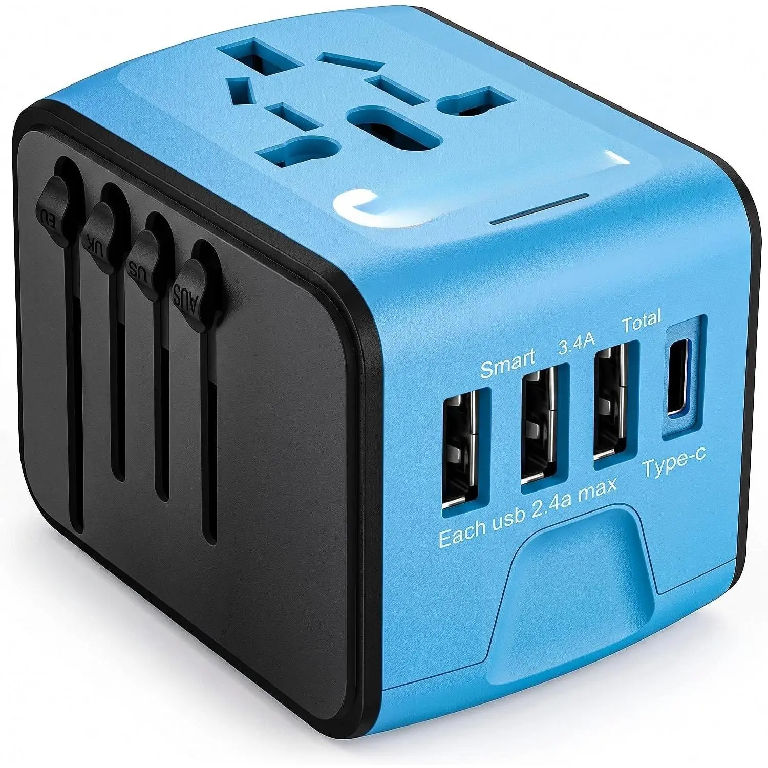 Portable International Travel Adapter - 2.4A 4-USB European AC Wall Charger for UK, EU, AUS Outlets, Compatible with Smartphones, Cellphones, Tablets, Electronics, Blue, Devices