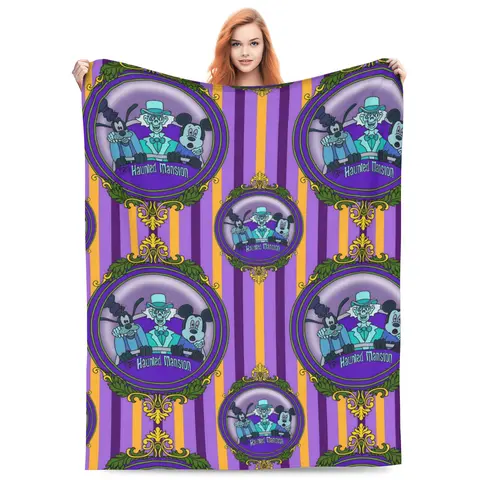 Disney Classic Haunted Mansion Mickey Trio Striped Flannel Fleece Throw Blanket - Purple Gold Vertical Stripes, Laurel Ornaments, Oval Frame Emblem (Mickey, Goofy, Ghost Host) - Whimsical Home House Room Decor for Indoor Use
