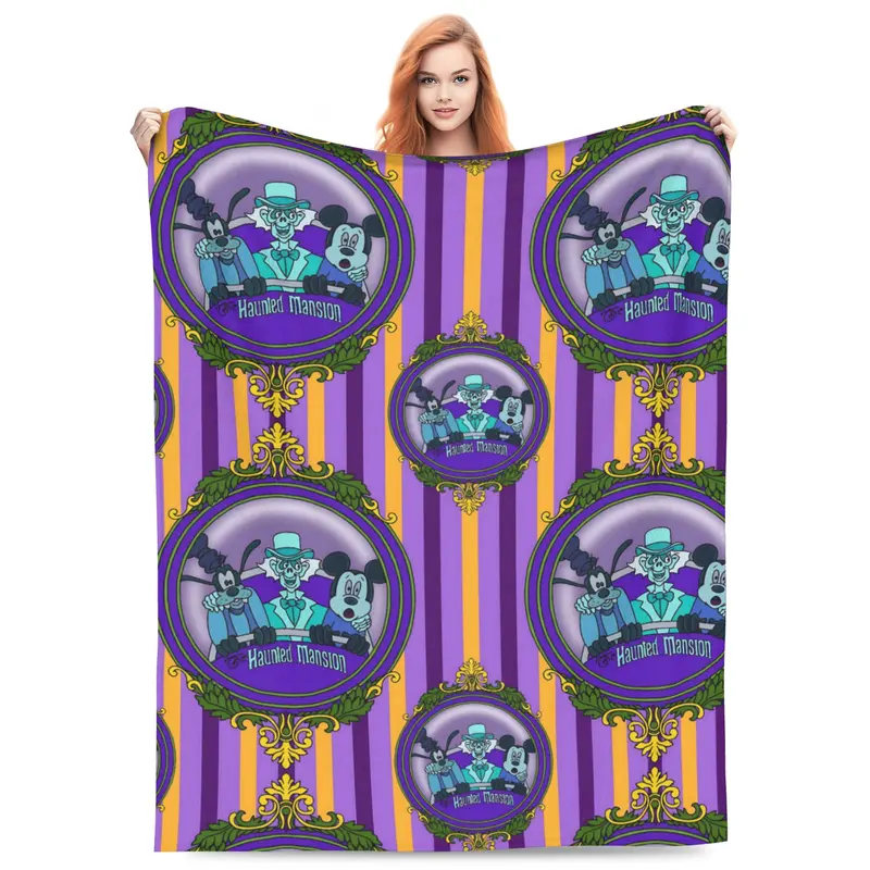 Disney Classic Haunted Mansion Mickey Trio Striped Flannel Fleece Throw Blanket - Purple Gold Vertical Stripes, Laurel Ornaments, Oval Frame Emblem (Mickey, Goofy, Ghost Host) - Whimsical Home House Room Decor for Indoor Use
