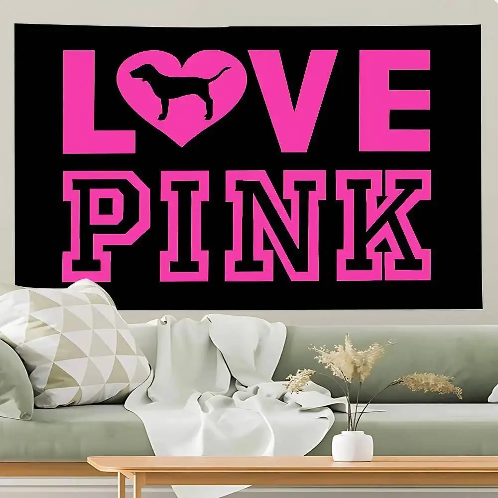 Love Pink Tapestry Wall Hanging, Cute Heart Graphic Art Banner, Y2K Coquette Room Aesthetic Decor, Teen Girls Bedroom Bedside Blanket Background