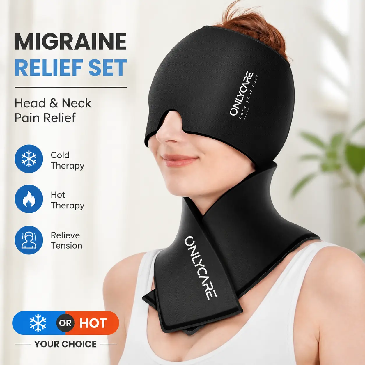 Migraine Relief Cap and Neck Ice Pack Wrap Gel Set, Hot and Cold Compress for Headache and Shoulder Swelling Relief at Home or Office