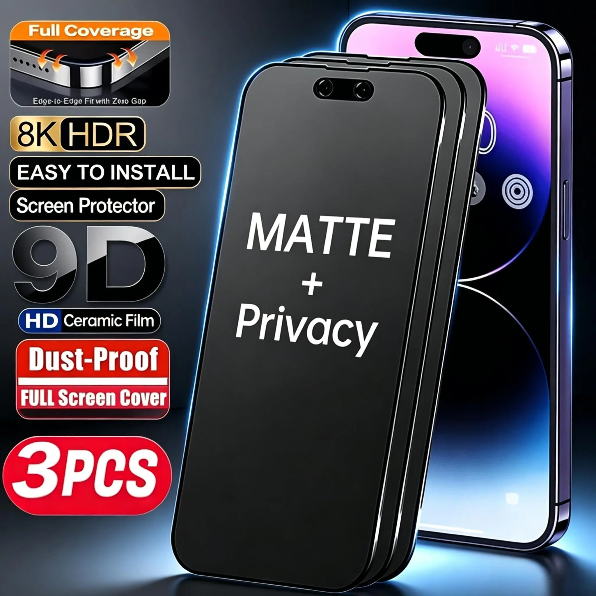 3-Pack Full-Cover Matte Privacy Screen Protectors, Smartphone, compatible with iPhone 17 Pro Max / 17 / 17 Pro, made of TPU matte ceramic material, shockproof, scratch-resistant and fingerprint-proof