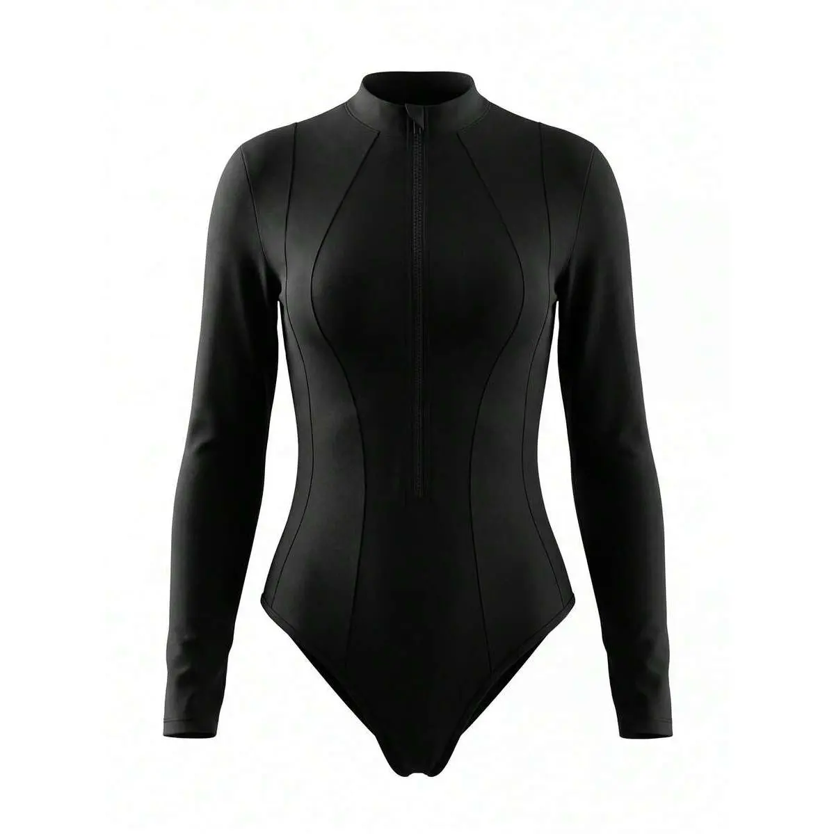 Women's Solid Color All Black Zipper Collar Long Sleeve Athletic Bodysuit Body Suit Gym Autumn,Padded,Tummy,Control