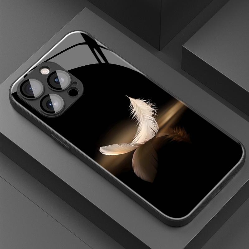Luxury Minimalist White Feather Golden Reflection Pattern Phone Case with Lens Protection, for iPhone 17 16 15 14 13 12 11 pro max, Full Coverage Anti-Fall Protective Case, Phone Accessory