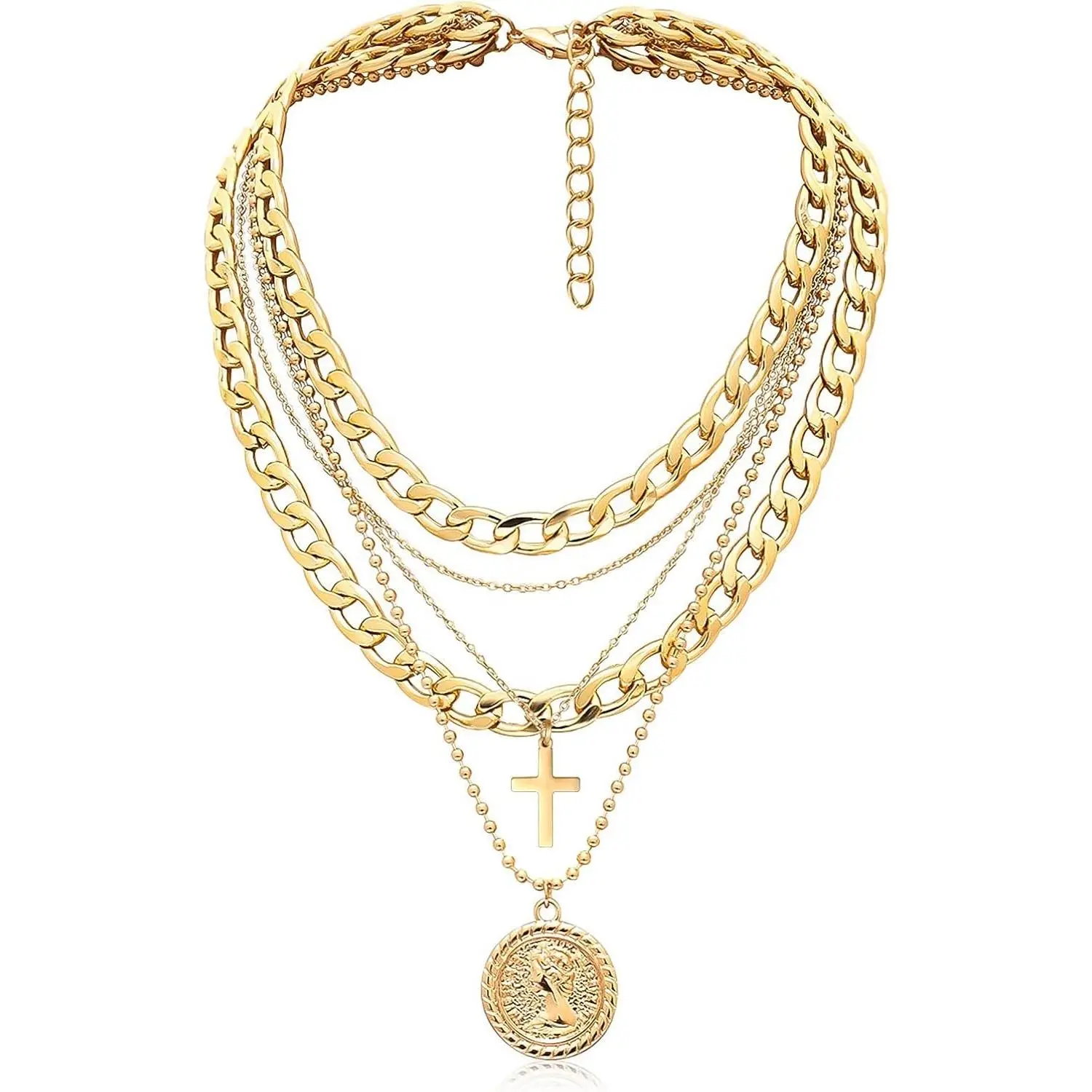 Gold Layered Necklaces for Women Chunky Choker Link Chain Trendy Retro Coin 14K Pendant Necklace Handmade Dainty Layering Poppy Lotus Rose Birth Flower Necklaces Gift
